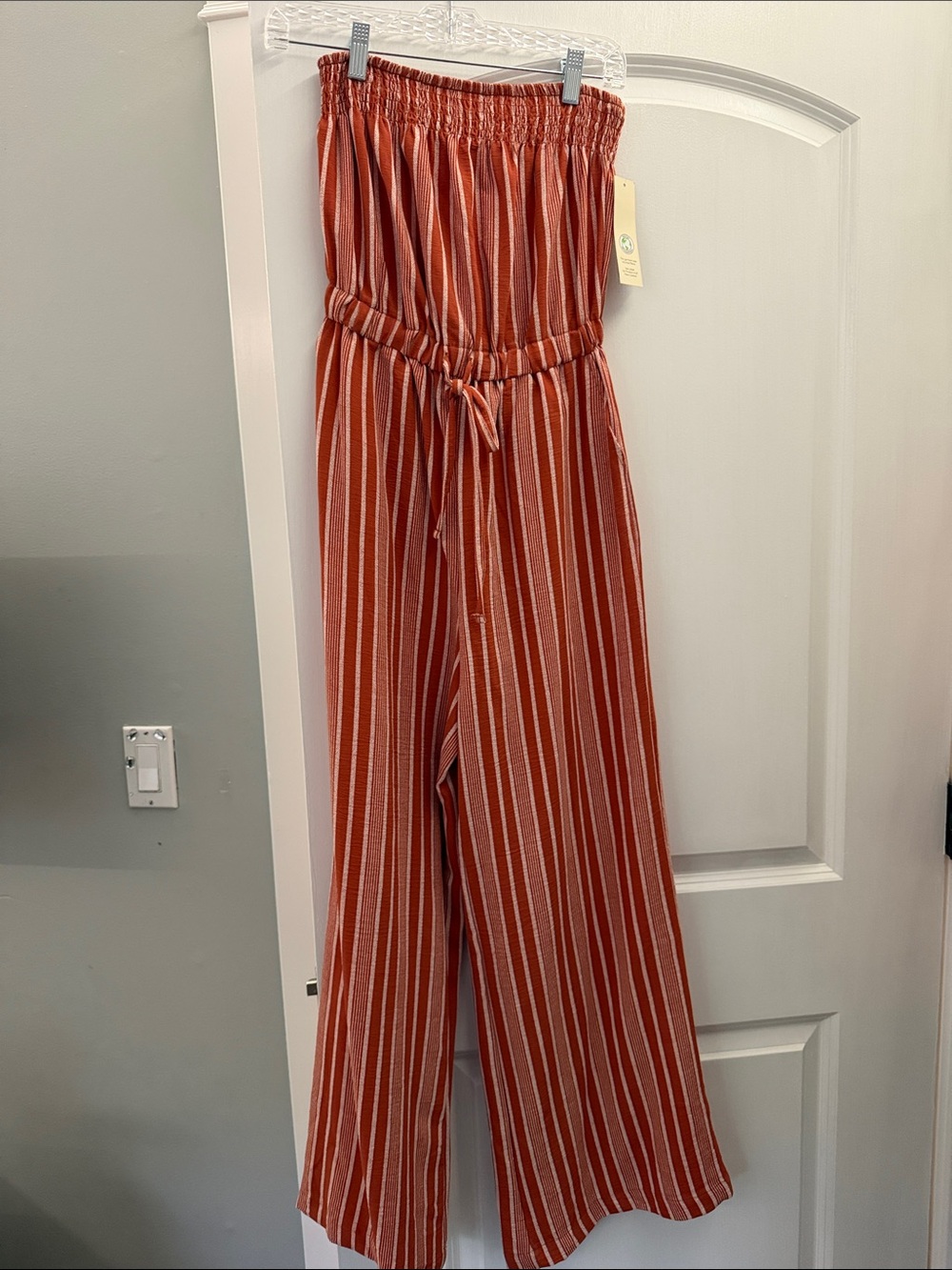 No Boundaries Rust and White Striped Strapless Jumpsuit